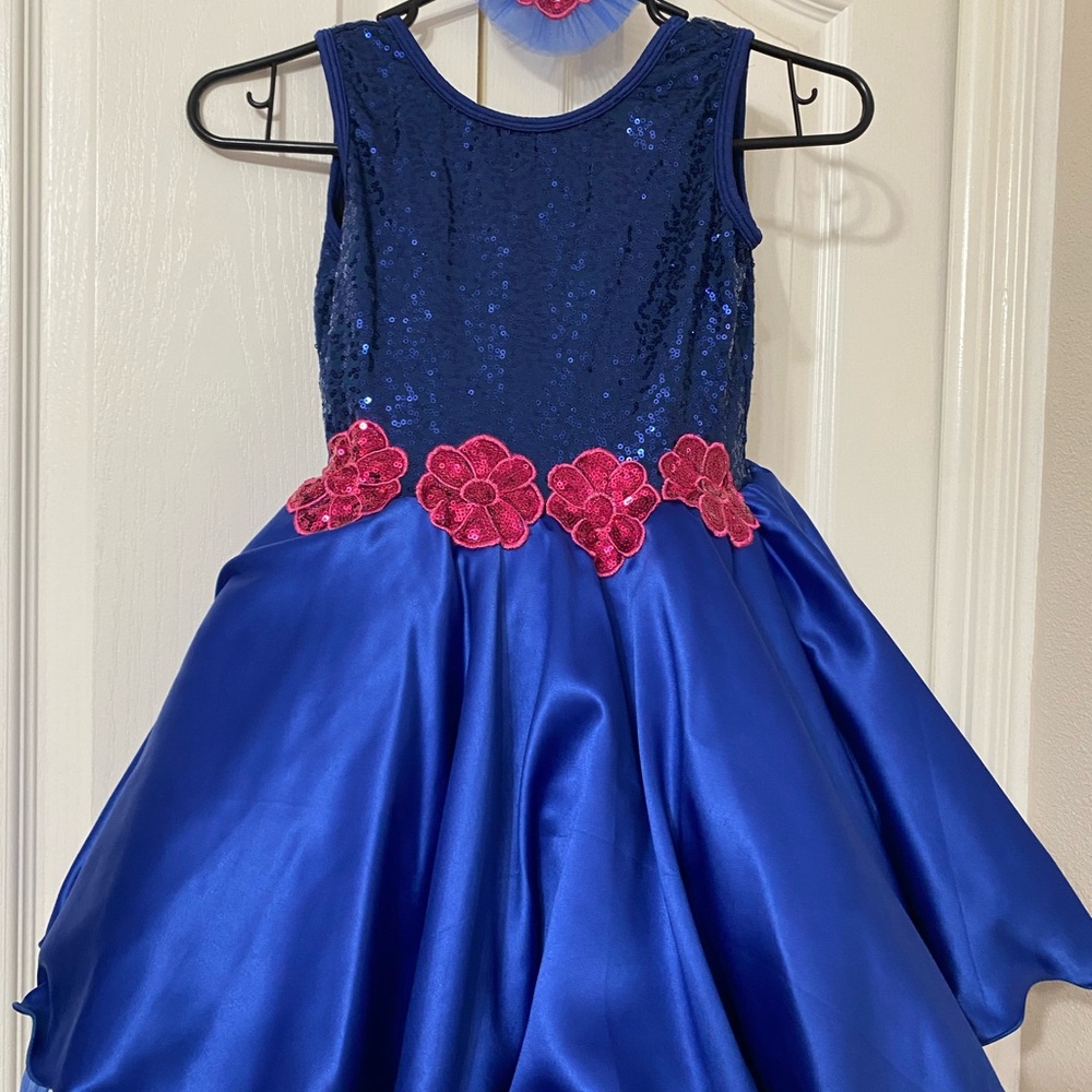 Blue Sequin Dress with Pink Floral Accents